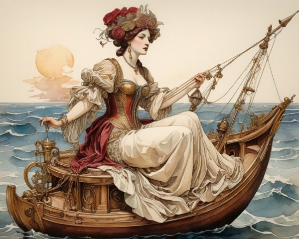 Elegant woman in historical attire on boat at sea with sunset