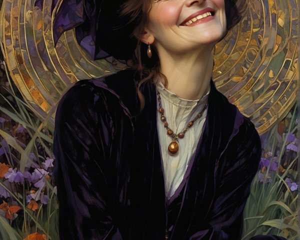 Elegant Woman in Purple Hat Amidst Flowers