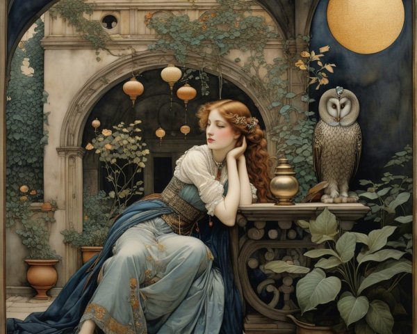 Serene Woman in Blue Gown by Courtyard Balustrade
