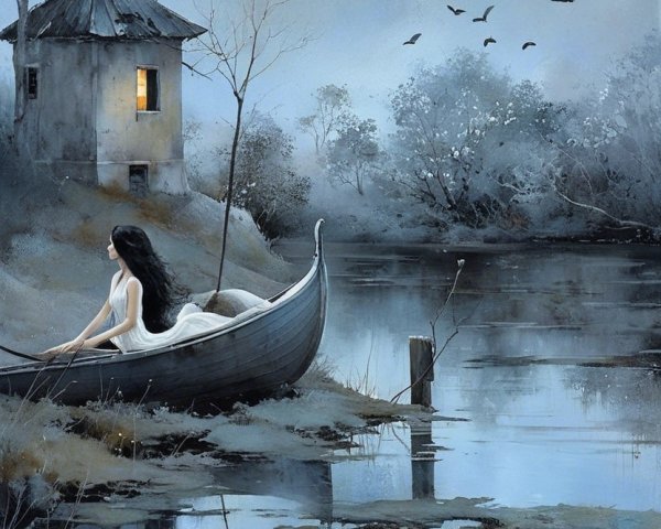 Twilight Scene of a Woman in a Boat on a River