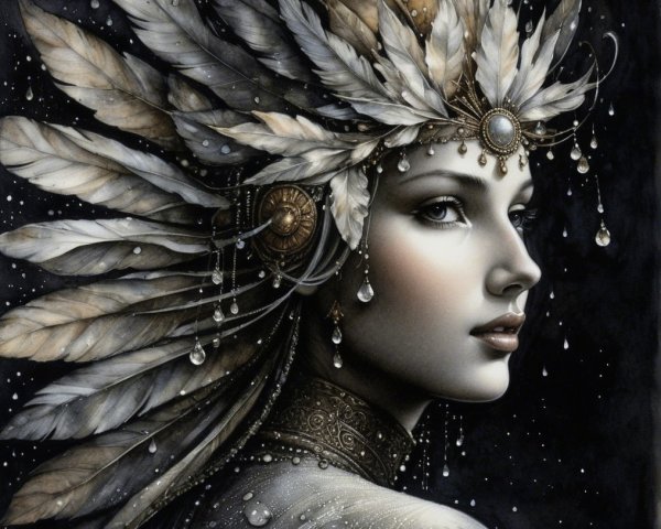 Serene Female Figure with Feathered Headdress and Jewelry