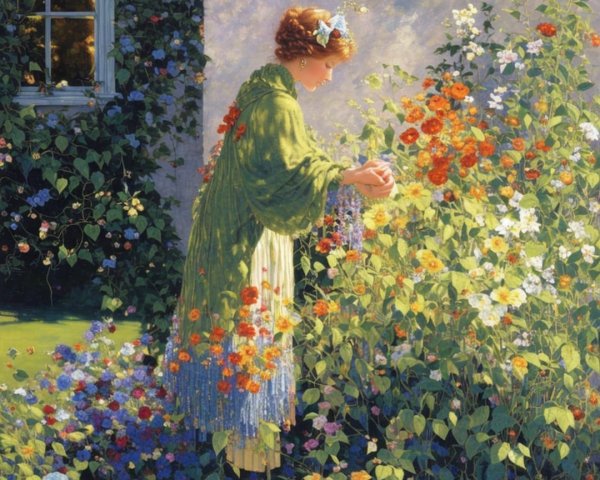 Woman in Green Gown Tending a Colorful Garden