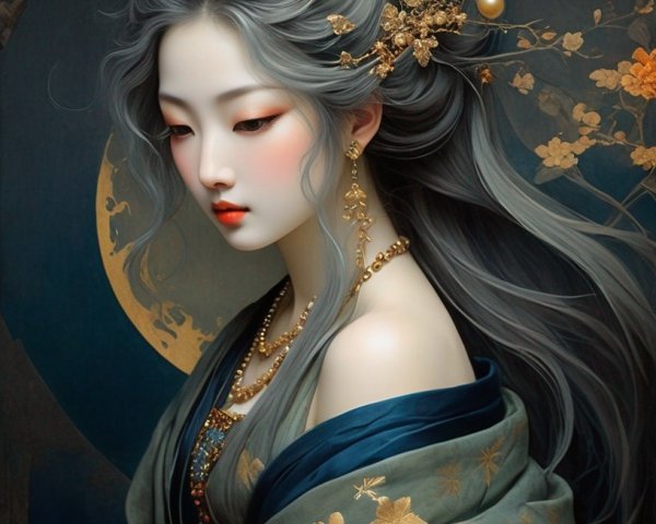 Serene woman in ornate robe with gold accents