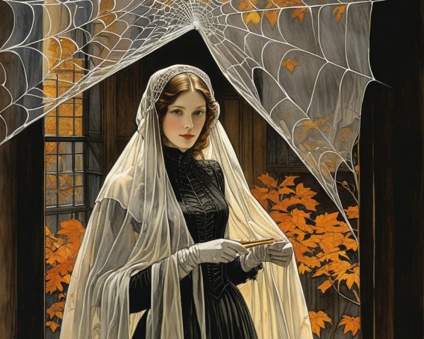 Mysterious Woman in Black Dress with Spiderweb and Leaves