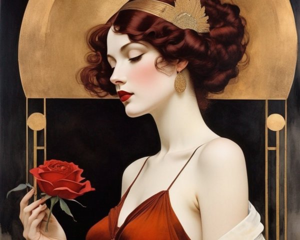 Auburn-haired woman in golden headpiece with red rose, burnt-orange gown, and golden halo