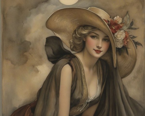 Elegant Woman in Floral Hat Under Moonlight