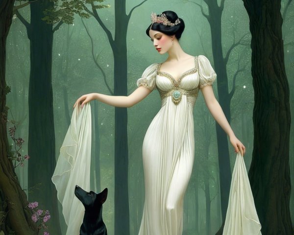 Regal figure in white gown in mystical forest setting