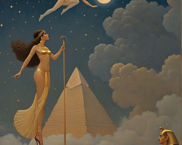 Majestic Pyramid Under Starry Sky with Golden Woman