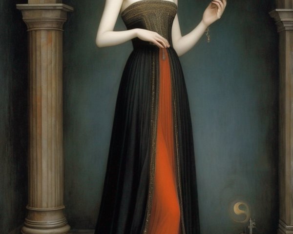 Ethereal woman in black and orange dress with golden sphere in mystical room