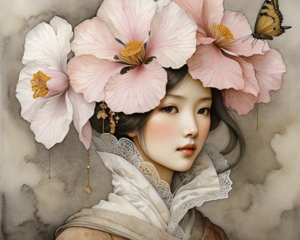 Portrait of a Young Woman with Hibiscus Flowers