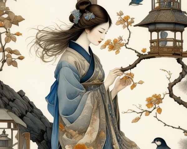 Elegant Woman in Traditional Asian Attire by a Pagoda