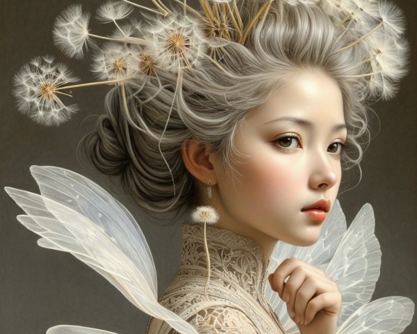 Ethereal figure with silvery hair and translucent wings