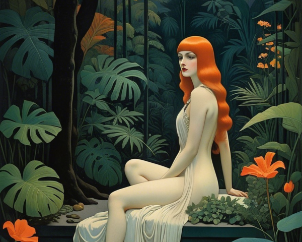 Serene figure in tropical foliage with vibrant flowers