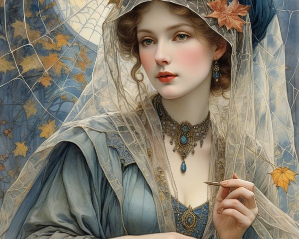 Young Woman in Elegant Attire Amidst Autumn Leaves