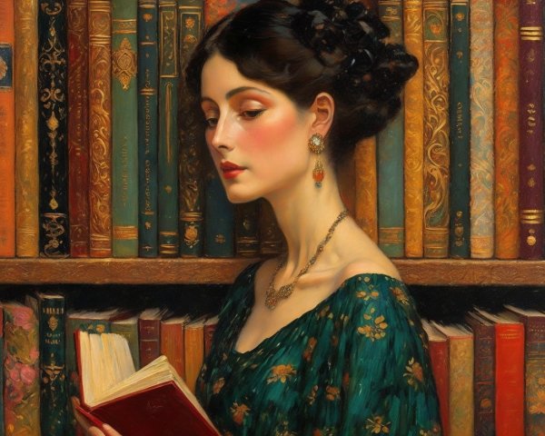Young woman reading in a cozy library setting
