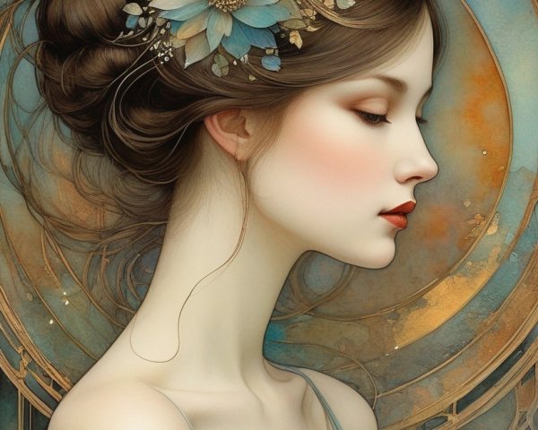 Ethereal woman with intricate updo and celestial backdrop