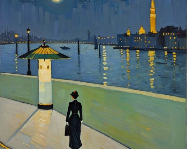 Nighttime Waterfront Scene with Figure in Black Dress