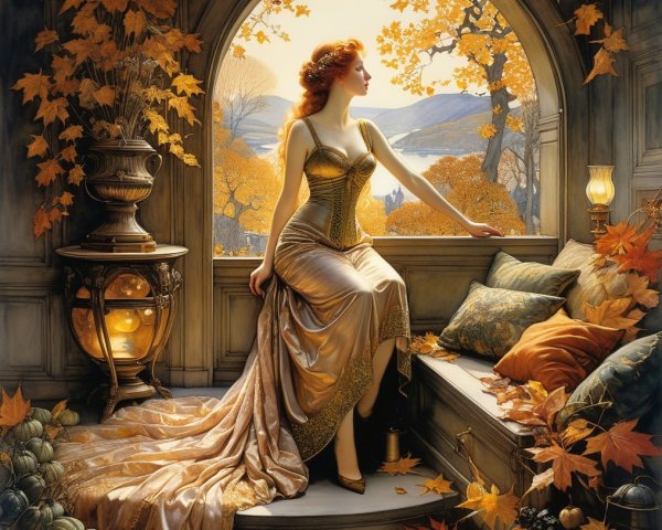 Serene Woman in Elegant Gown by Autumn Window