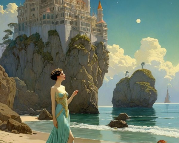 Beach Scene with Castle and Woman in Gown