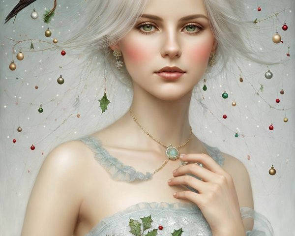 Pale-skinned woman in white hair and blue dress with floral decoration and festive ornaments, with perched