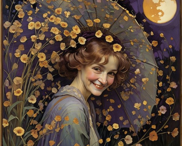 Woman in a field of yellow flowers under moonlight