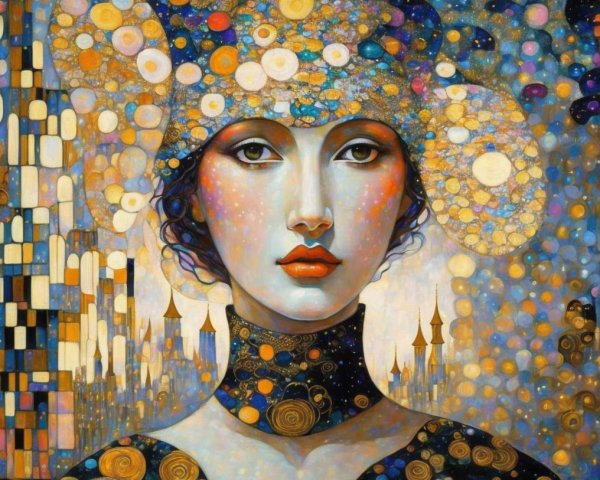 Woman Surrounded by Colorful Orbs and Patterns