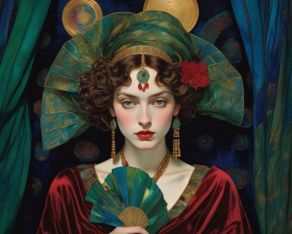 Opulent portrait of a woman with peacock feather headdress and gold jewelry