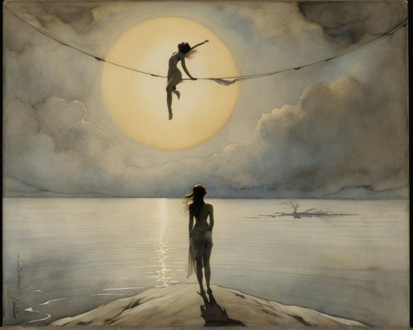 Serene Moonlit Scene with Figures on Shore and Tightrope