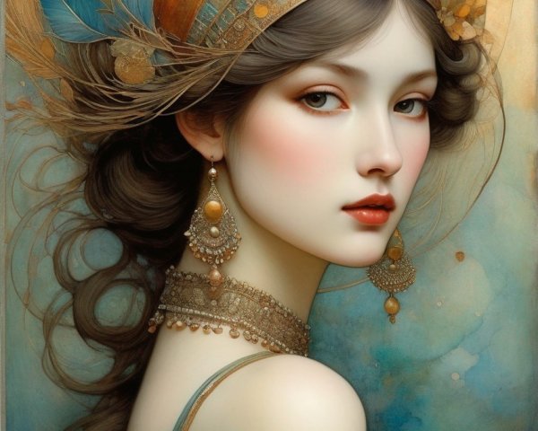 Portrait of woman with pale skin, dark hair, feather headdress, beads, and earrings