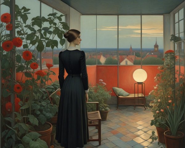 Woman in Black Dress on Flower-Filled Balcony