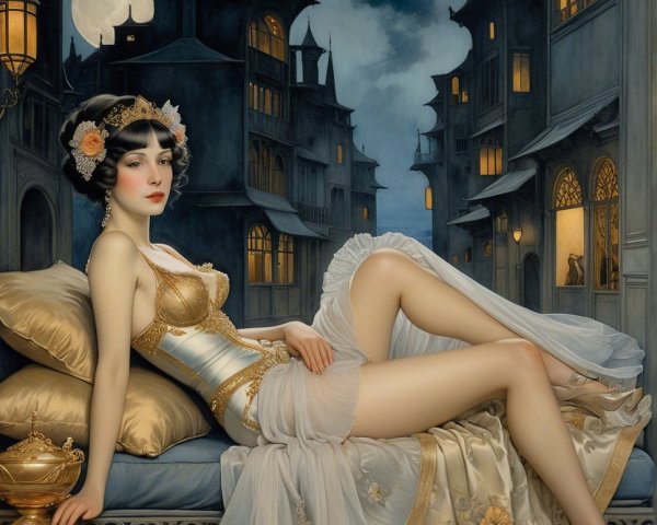 Glamorous Woman in Vintage Setting with Moonlight Glow