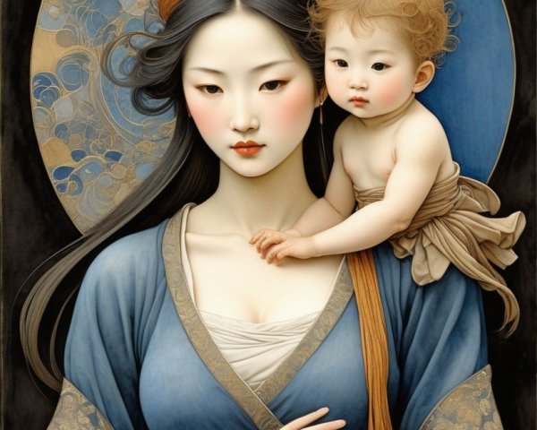Asian Woman in Traditional Attire with Child Painting