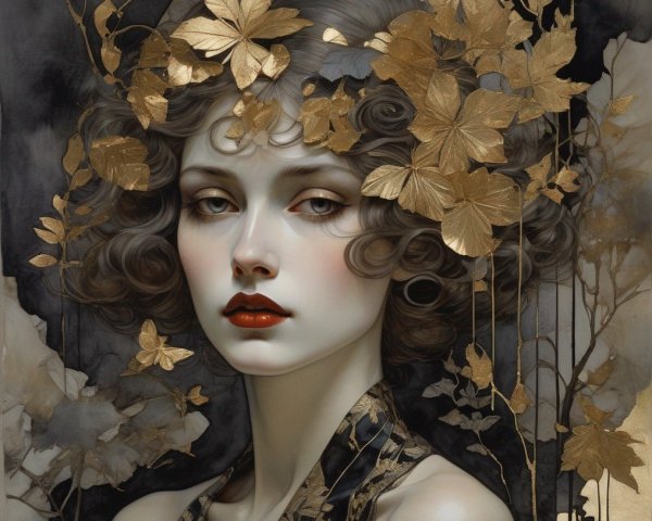 Artwork of a woman with golden leaf accents and dark forest