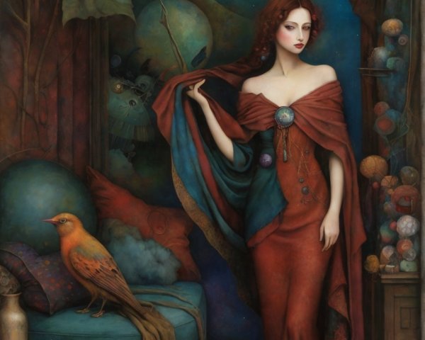 Elegant woman in red gown in a richly decorated room
