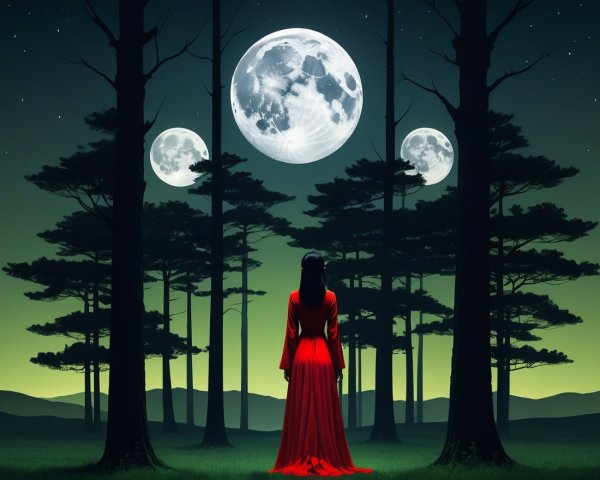 Figure in Red Gown Under Moons and Silhouetted Trees