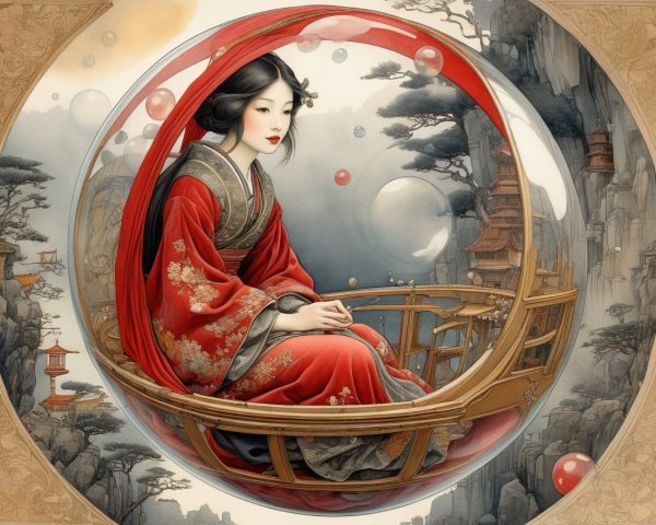 Elegant Woman in Red Attire Surrounded by Nature
