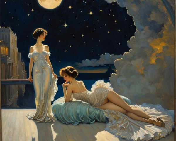 Elegant Women in Vintage Attire Under Moonlit Sky