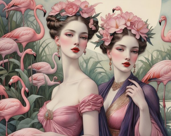 Elegant Women in Floral Headpieces with Flamingos