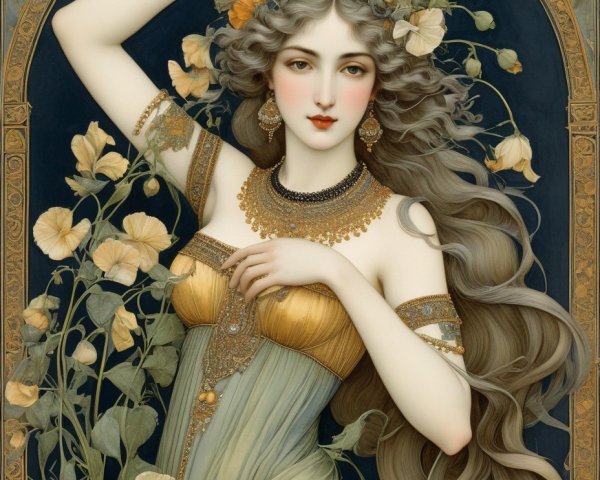 Woman in Elegant Gown Surrounded by Floral Elements