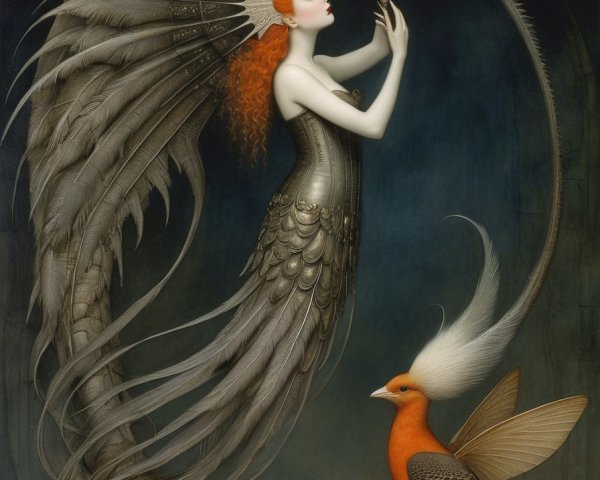 Mythical figure with wings and a glowing orb