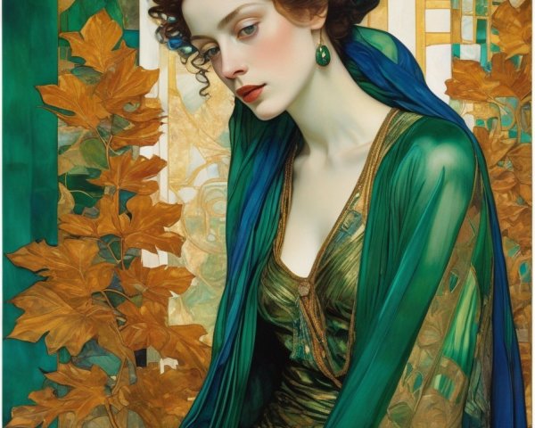 Detailed illustration of woman with elaborate hairstyles and jewelry in green shawl among golden leaves.