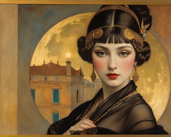 Portrait of a Woman in Black Gown with Moonlit Background