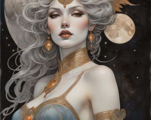 Ethereal Woman in Golden Headpiece Under Moonlight