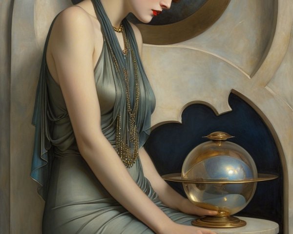 Elegant Woman in Silver Gown Beside Globe and Moon