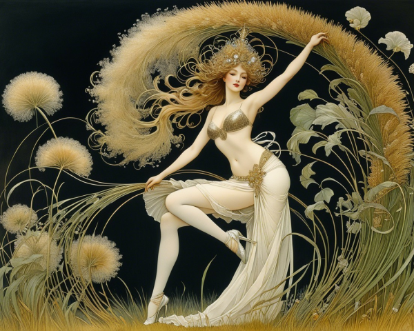 Dancer in Gold and White Among Whimsical Flora