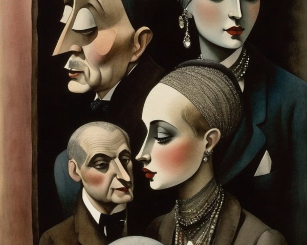 Stylized Figures in Colorful Elegant Composition