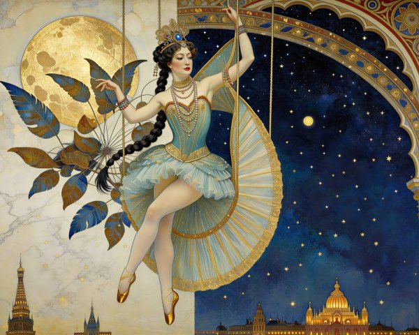 Art Nouveau Painting of Woman on Swing with Moons