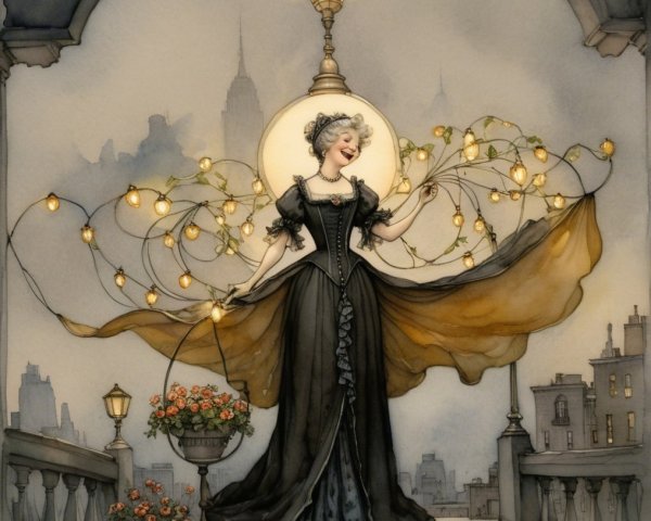 Elegant Woman in Black Gown on Balcony with Lights