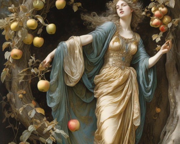 Serene woman in flowing gown under apple tree archway