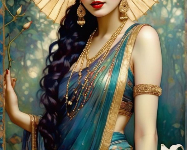Traditional Indian Attire Woman Illustration with Dark Hair and Gold Jewelry